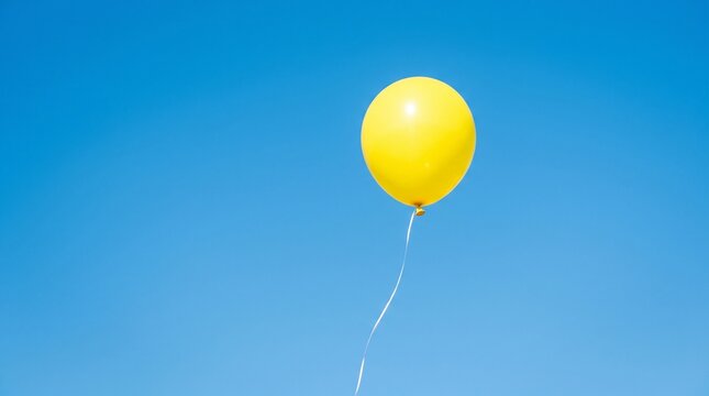 A single yellow balloon floating freely in a clear, bright blue sky on a sunny day.