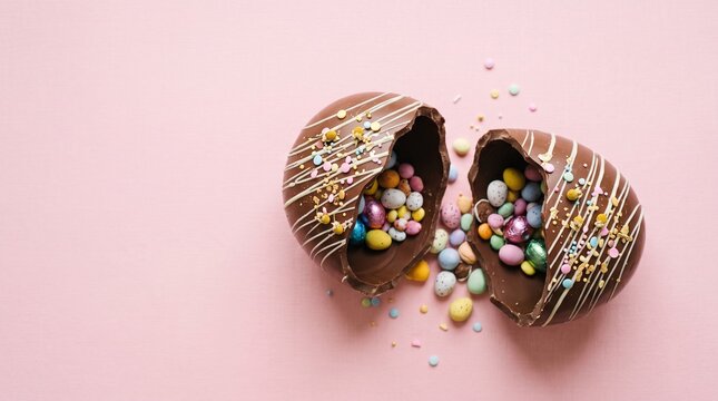A broken chocolate Easter egg filled with colorful mini eggs and sprinkles on a pink background, viewed from above.