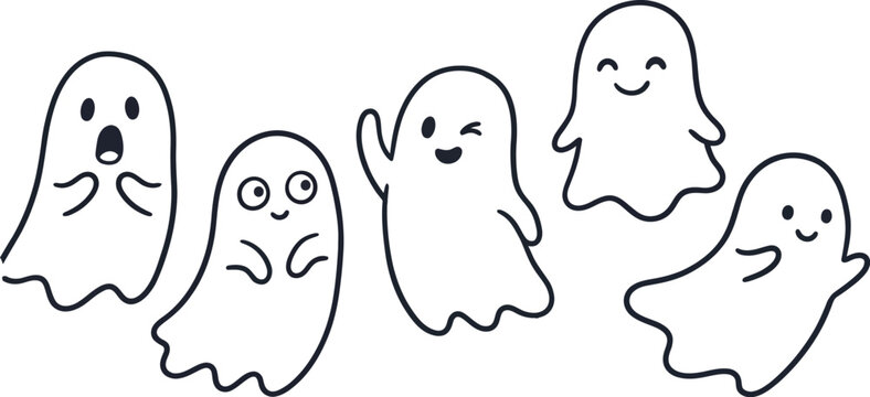 Cute ghost doodle vector set illustration cute spooky halloween ghosts line art characters with funny expressions
