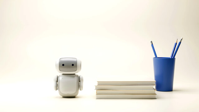 Small white humanoid robot standing next to stacked books and blue pencil cup holder with container filled pencils robot positioned beside clean beige background