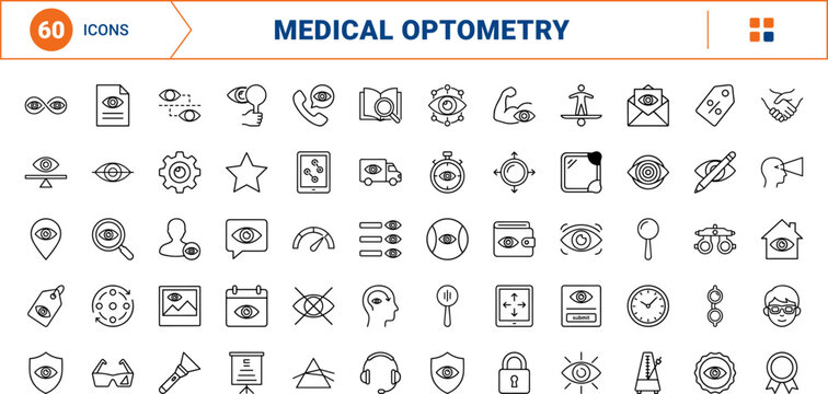 Vision therapy website line icon set. Vector pictograms of ocular, therapy, clinic, and interface elements, thin linear illustration.
