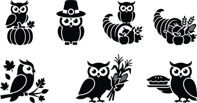 Thanksgiving owl harvest character icon set. owl on pumpkin, pilgrim hat owl, owl on cornucopia, cornucopia horn of plenty, owl on autumn branch, owl holding corn stalk, owl serving pie