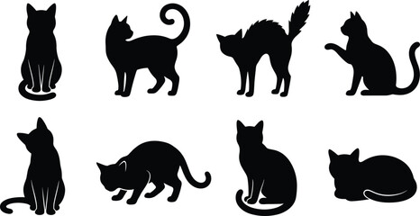 Fototapeta premium Black silhouette cats in multiple expressive poses including sitting, standing, crouching, arching back, and lying down illustrations