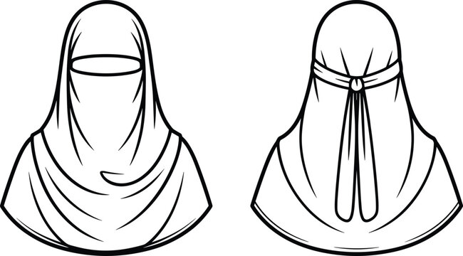 Front and back view of a traditional niqab head covering depicted as a simple black line silhouette