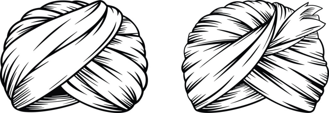 Two traditional indian turban headwear designs illustrated in a detailed black and white graphic art silhouette