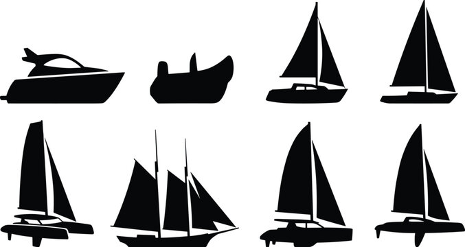 Black Silhouette Collection of Boats and Sailboats in Various Designs for Nautical Illustration and Marine Graphic Use