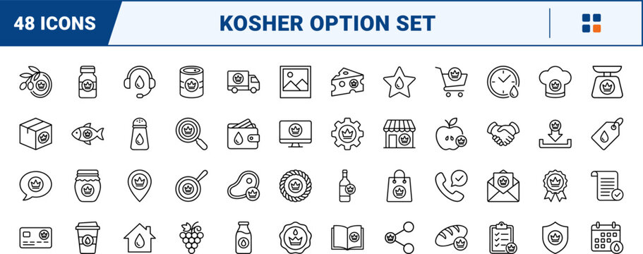 Kosher option art line icon set. Vector pictograms of certification, food, dietary, and options elements, thin linear illustration.