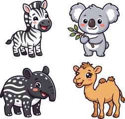 Obraz premium Cute Cartoon Animal Character Collection with Zebra Koala Tapir and Camel Vector Illustration