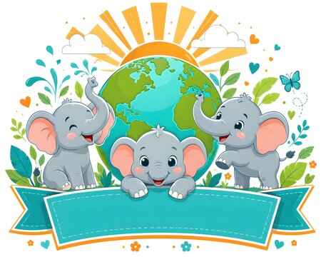 A cheerful flat cartoon vector illustration of cute baby elephants playing next to a stylized green globe and sunburst