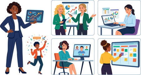 Fototapeta premium Business Women Collaboration and Digital Workplace Cartoon Illustration Set for Modern Office Professionals