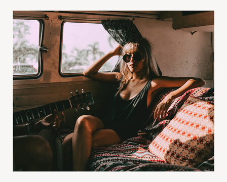 Cool woman sitting in a van design