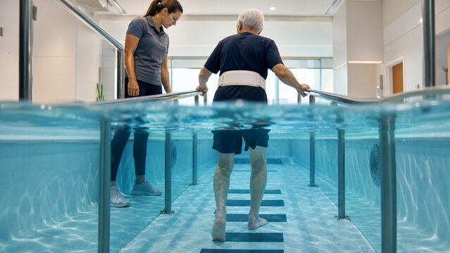 Senior man practices assisted walking in a hydrotherapy pool while a female therapist supervises in a modern rehabilitation clinic.