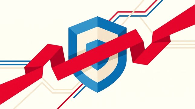 Abstract illustration featuring a blue shield icon with a red ribbon banner and geometric lines.