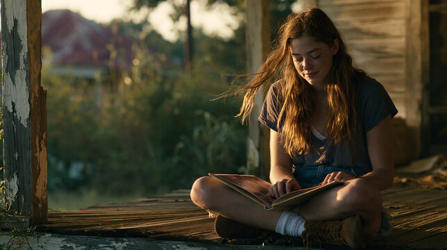 Young woman reading book on porch at sunset. Girl resting on wooden floor of old house in countryside during golden hour. Relaxed lifestyle and education concept, peaceful leisure time.