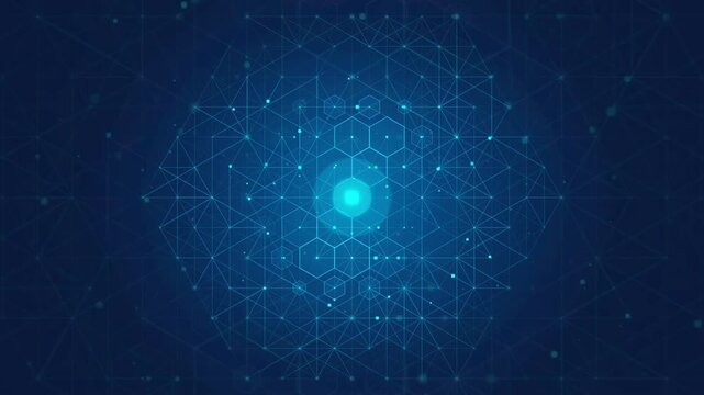 Abstract blue digital network background with glowing hexagonal grid and connecting data points
