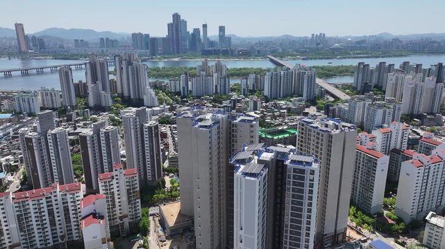 Asia, south korea, seoul, mapo-gu, sinsu-dong, apartments, houses, road traffic, han river view, drone footage