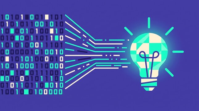 Digital binary code transforming into a glowing light bulb concept of innovation.