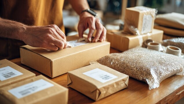 Hands Sealing Cardboard Box with Tape for Online Order Shipping
