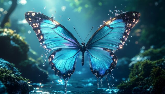 Butterfly with large blue wings covered in water droplets spreading wings over a forest stream close up horizontal shot