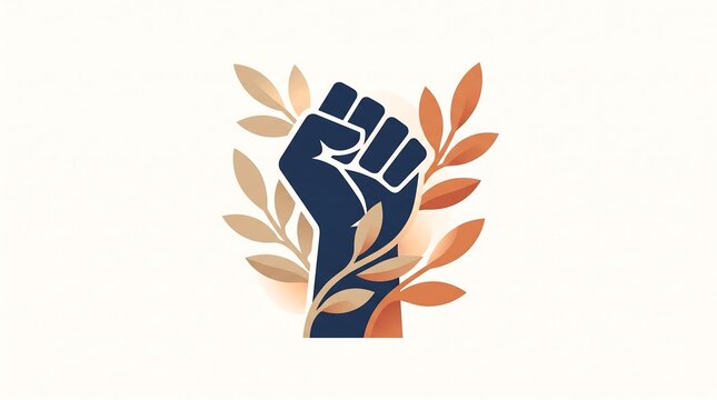 Raised fist symbol of resistance and solidarity with decorative leaves illustration.