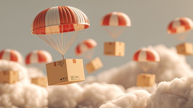 Cardboard boxes with parachutes float in clouds
