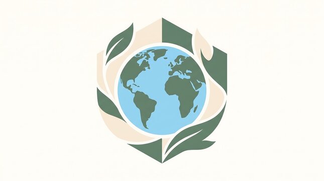 Minimalist vector illustration of a globe surrounded by organic green leaves in a hexagonal frame.