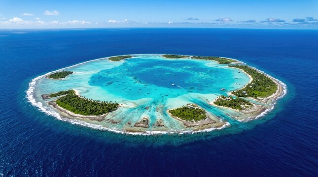 Aerial view of tropical coral atoll in ocean.