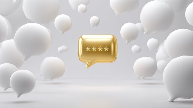 Gold 5-star review bubble amidst white chat bubbles