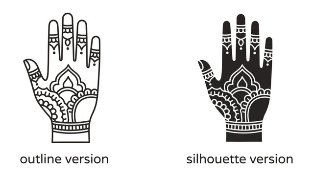 Henna Hand Designs: A set of two hands showcasing intricate henna tattoo patterns, one presented as a clean outline and the other as a bold silhouette.
