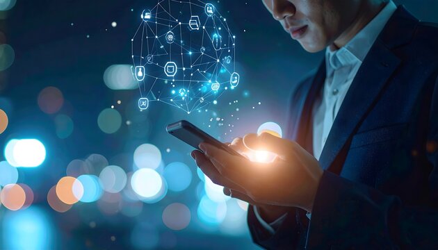 Hombre de negocios usando un tel&eacute;fono inteligente con iconos de conexi&oacute;n digital y red tecnol&oacute;gica en un entorno urbano nocturno