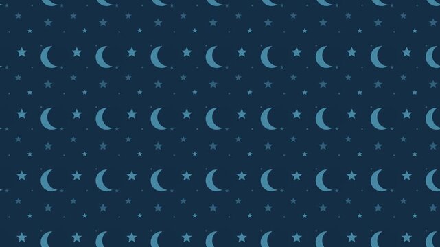 Blue crescent moon and stars pattern drifting slowly, lullaby seamless loop background