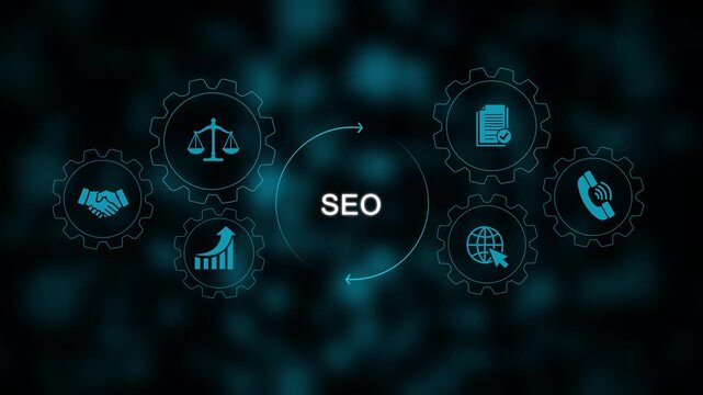 Seo strategy concept with animated gear and business growth symbols on dark blue background, search engine optimization