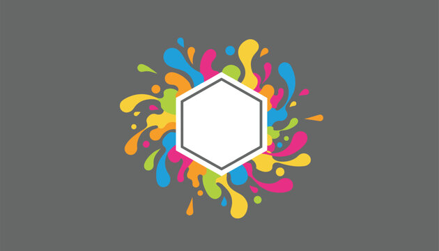 Vibrant multi colored paint splash element surrounding a blank white hexagonal frame on a dark grey background.