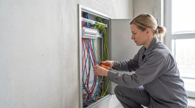 Female electrician organizing wires in a distribution board