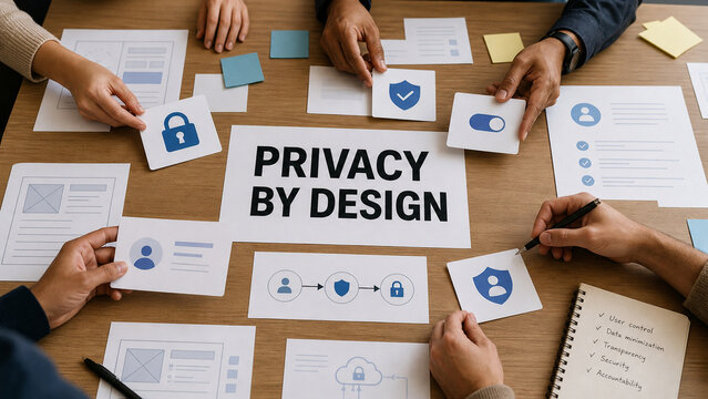 Diverse team collaborates around a table with privacy, security, user control, and data protection documents and icons.