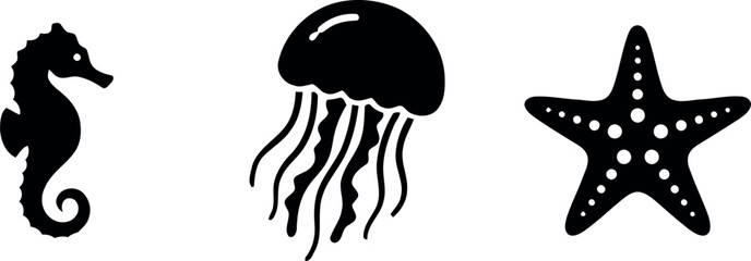 Seahorse jellyfish and starfish silhouettes against a white background marine life illustration © TofaelAhmed