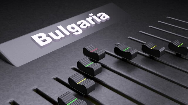 Bulgaria text on audio mixer console, professional sound board faders with Bulgaria label, music production and broadcast concept