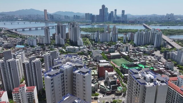 Asia, south korea, seoul, mapo-gu, sinsu-dong, apartments, houses, road traffic, han river view, drone footage