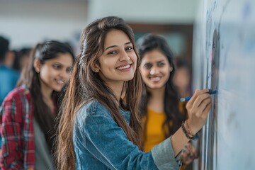Obraz premium Happy Female Students Write on Whiteboard in Classroom Learning Together