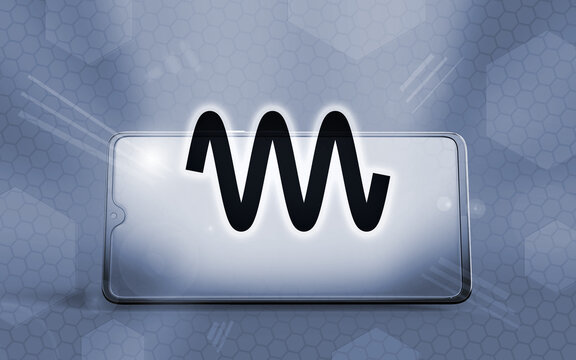 Representaci&oacute;n tridimensional de un tel&eacute;fono inteligente moderno sobre un fondo tecnol&oacute;gico de hex&aacute;gonos, mostrando un s&iacute;mbolo de onda sinusoidal brillante que representa datos cient&iacute;ficos.