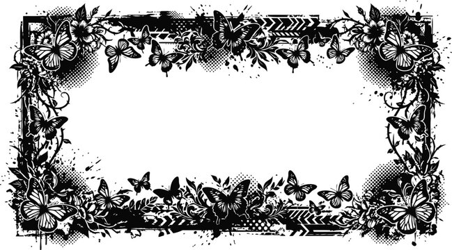 Decorative butterfly borders and corner frames with a grunge distressed ink stamp style design