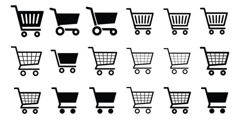 Shopping cart icon featuring simple black silhouette, white background, retail checkout, online commerce, market symbol, and vector illustration. ©  
