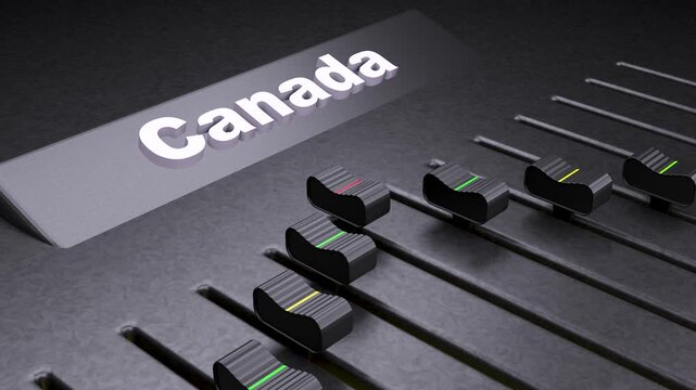 Canada text on audio mixer console, professional sound board faders adjusting Canadian economy, political control and national management concept
