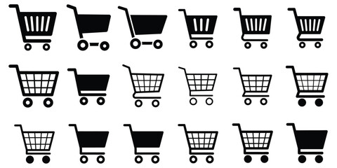 Shopping cart icon featuring simple black silhouette, white background, retail checkout, online commerce, market symbol, and vector illustration. ©  