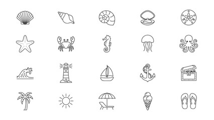 Collection of minimal line drawings featuring beach seashells sea creatures and vacation icons on transparent background © Dabu
