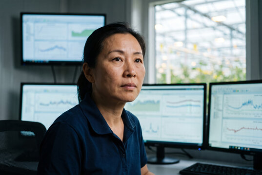 Greenhouse technician monitoring climate data in control room