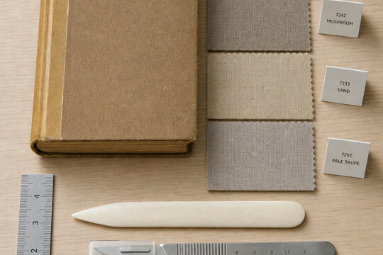 Top view of a vintage clothbound book, neutral textile samples, ruler, bone folder, and cutting tool arranged on a light wooden workspace.
