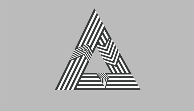 Impossible penrose triangle decorated with black and white stripes, creating an optical illusion on a grey background.
