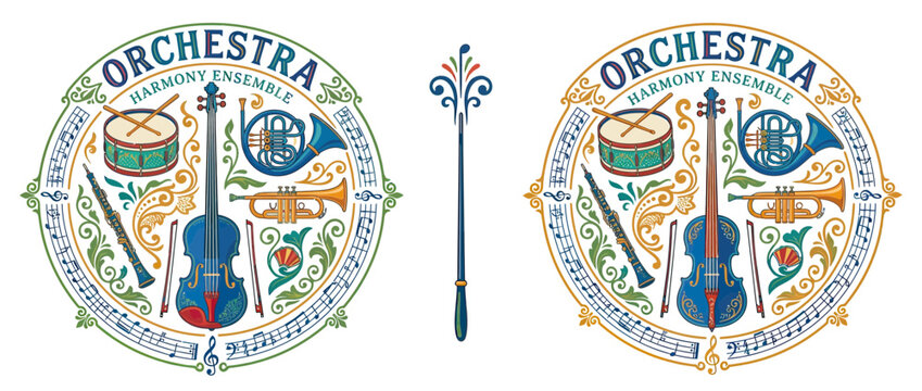 Orchestra Ensemble Emblem with Musical Instruments and Baton