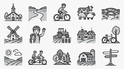 Obraz premium Sleek Minimalist Line Drawing Icons of Rural Life Cycling Farming and Countryside Scenery in Monochrome